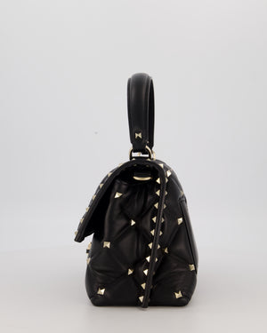 Valentino Candystud Top Handle Flap Bag In Black Calfskin Leather with Champagne Gold Hardware