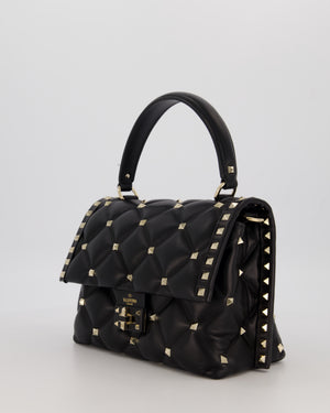 Valentino Candystud Top Handle Flap Bag In Black Calfskin Leather with Champagne Gold Hardware