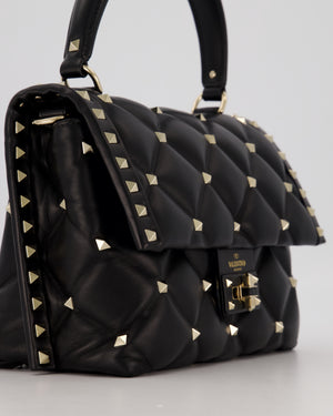 Valentino Candystud Top Handle Flap Bag In Black Calfskin Leather with Champagne Gold Hardware