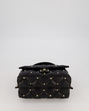 Valentino Candystud Top Handle Flap Bag In Black Calfskin Leather with Champagne Gold Hardware