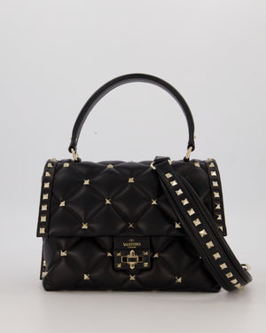 Valentino Candystud Top Handle Flap Bag In Black Calfskin Leather with Champagne Gold Hardware