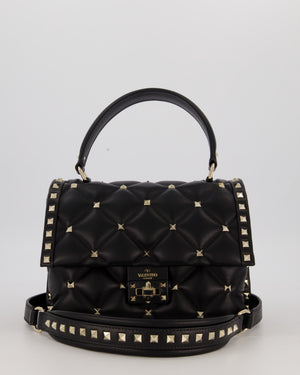 Valentino Candystud Top Handle Flap Bag In Black Calfskin Leather with Champagne Gold Hardware