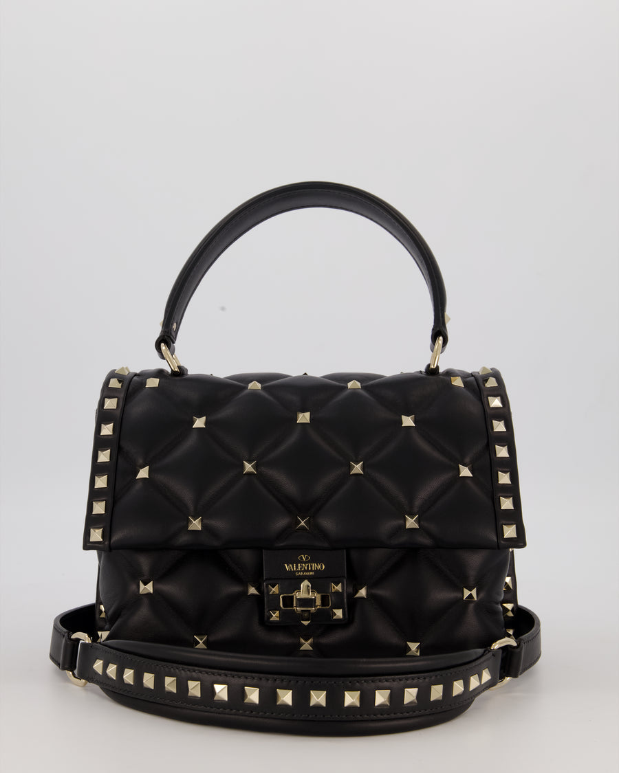 Valentino Candystud Top Handle Flap Bag In Black Calfskin Leather with Champagne Gold Hardware