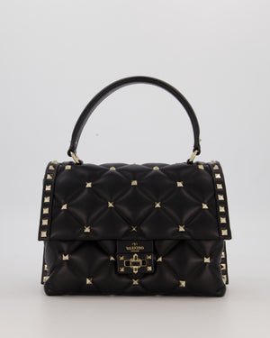 Valentino Candystud Top Handle Flap Bag In Black Calfskin Leather with Champagne Gold Hardware