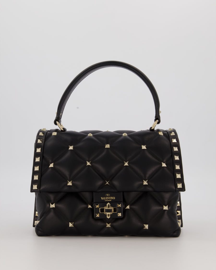 Valentino Candystud Top Handle Flap Bag In Black Calfskin Leather with Champagne Gold Hardware