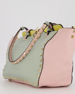 Valentino Baby Blue, Pistachio Green and Light Pink Leather Rockstud Tote Bag with Gold Hardware and Stud Details