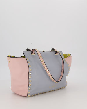 Valentino Baby Blue, Pistachio Green and Light Pink Leather Rockstud Tote Bag with Gold Hardware and Stud Details