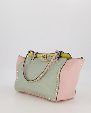 Valentino Baby Blue, Pistachio Green and Light Pink Leather Rockstud Tote Bag with Gold Hardware and Stud Details