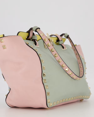 Valentino Baby Blue, Pistachio Green and Light Pink Leather Rockstud Tote Bag with Gold Hardware and Stud Details