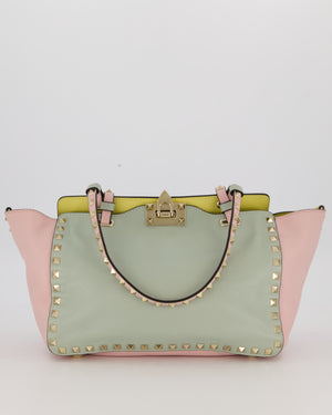 Valentino Baby Blue, Pistachio Green and Light Pink Leather Rockstud Tote Bag with Gold Hardware and Stud Details
