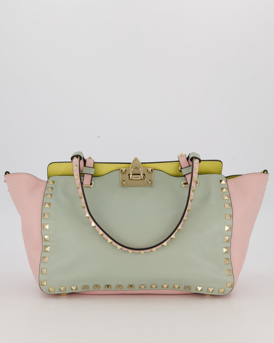 Valentino Baby Blue, Pistachio Green and Light Pink Leather Rockstud Tote Bag with Gold Hardware and Stud Details