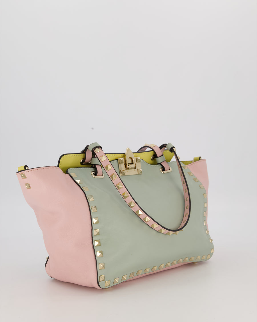Valentino Baby Blue, Pistachio Green and Light Pink Leather Rockstud Tote Bag with Gold Hardware and Stud Details