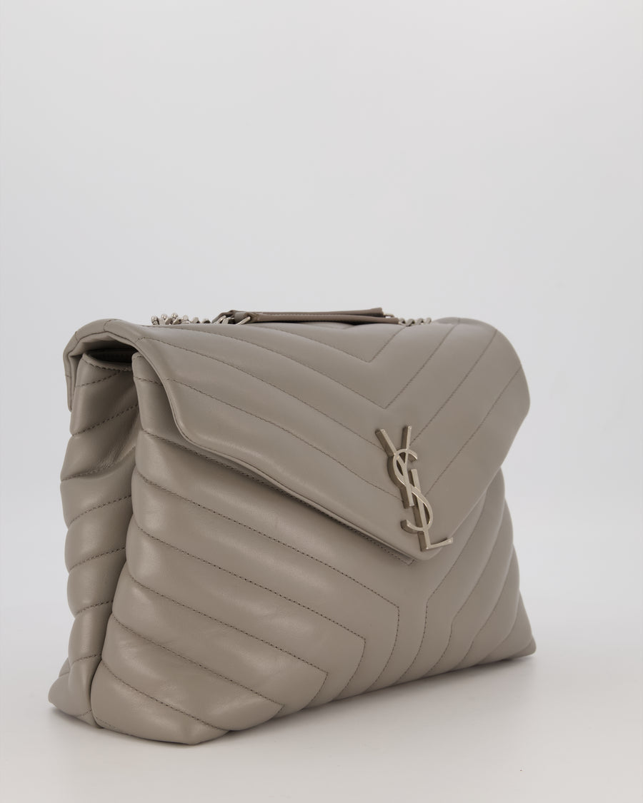 Saint Laurent Storm Grey Loulou Medium Shoulder Bag in Calfskin Leather with Silver Hardware