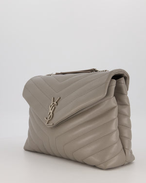 Saint Laurent Storm Grey Loulou Medium Shoulder Bag in Calfskin Leather with Silver Hardware