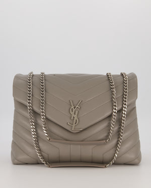 Saint Laurent Storm Grey Loulou Medium Shoulder Bag in Calfskin Leather with Silver Hardware