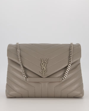 Saint Laurent Storm Grey Loulou Medium Shoulder Bag in Calfskin Leather with Silver Hardware