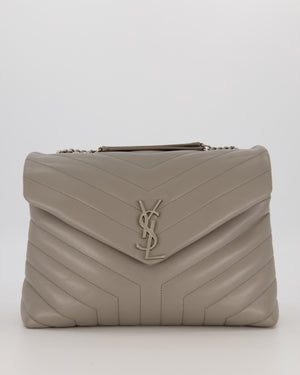Saint Laurent Storm Grey Loulou Medium Shoulder Bag in Calfskin Leather with Silver Hardware