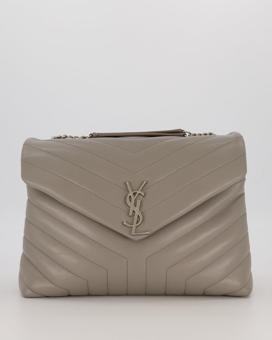 Saint Laurent Storm Grey Loulou Medium Shoulder Bag in Calfskin Leather with Silver Hardware