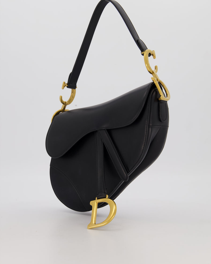 Christian Dior Black Medium Saddle Bag in Smooth Calfskin Leather with Antique Gold Hardware