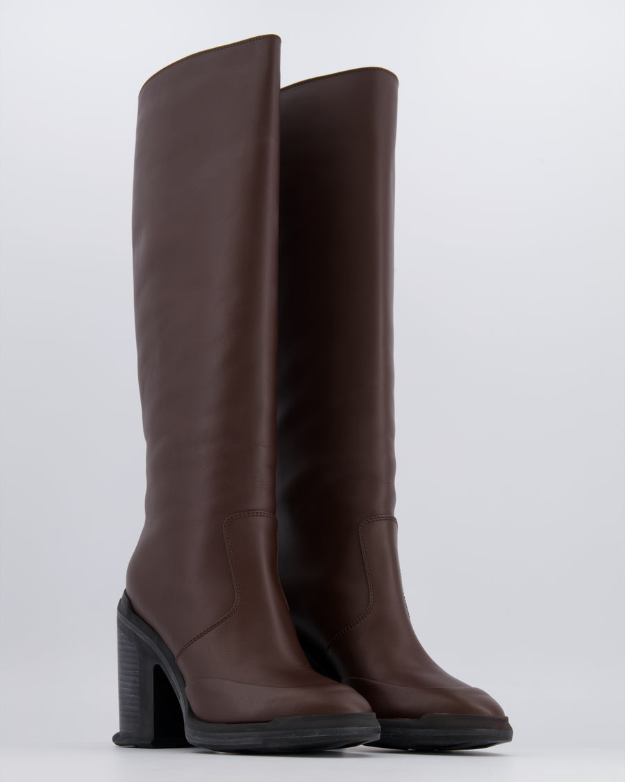 Hermès Dark Brown Leather Knee-High Heeled Boots with Black Sole Detail Size EU 38 RRP £2,200