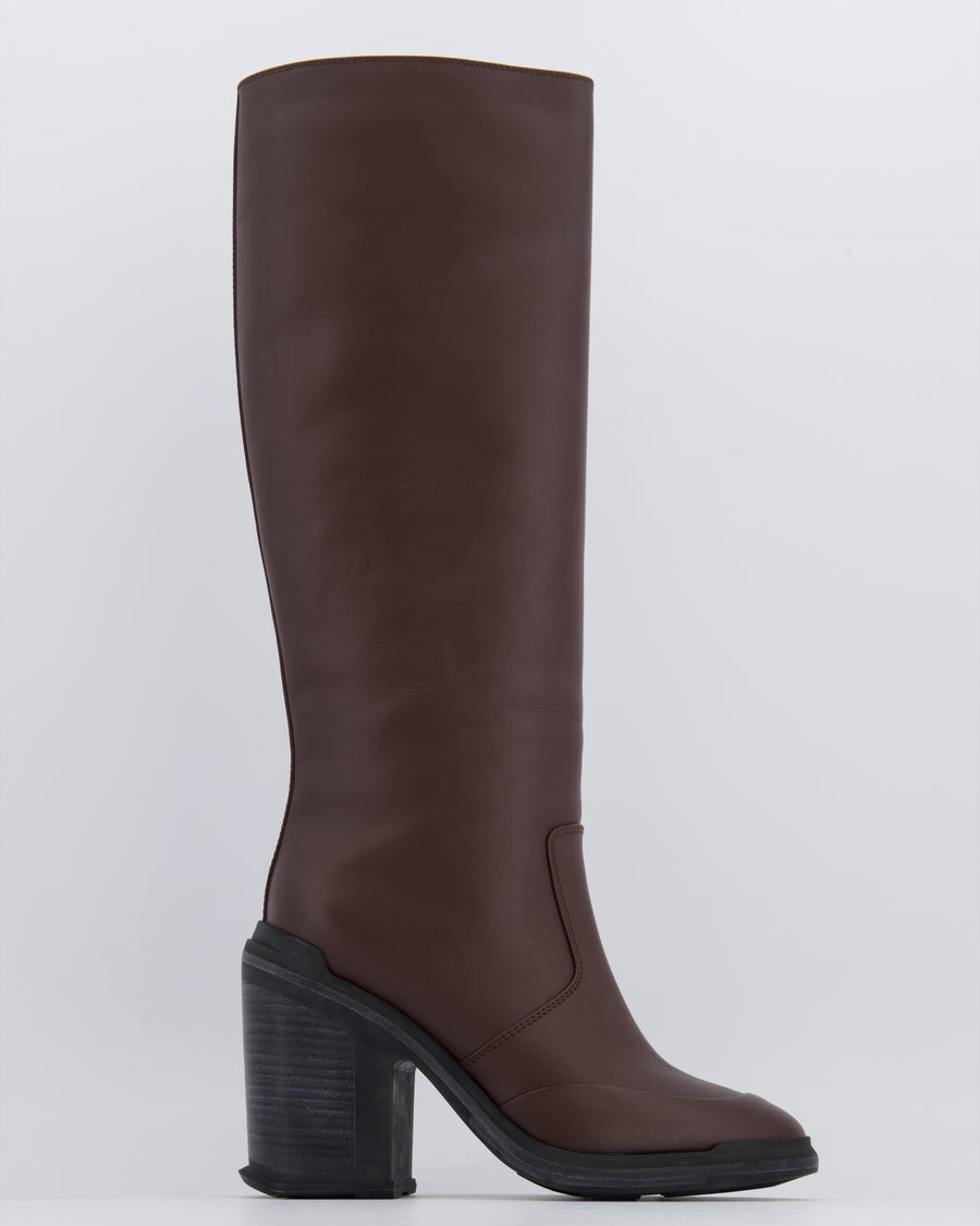 Hermès Dark Brown Leather Knee-High Heeled Boots with Black Sole Detail Size EU 38 RRP £2,200