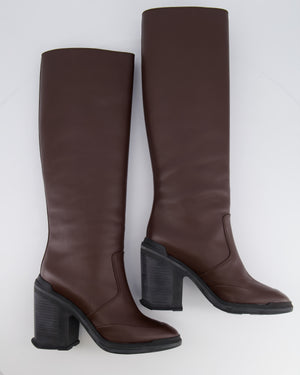 Hermès Dark Brown Leather Knee-High Heeled Boots with Black Sole Detail Size EU 38 RRP £2,200