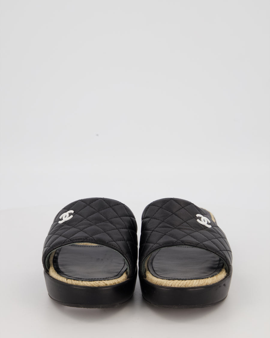 Chanel Quilted Black Lambskin Espadrille Slide Sandals Size EU 39