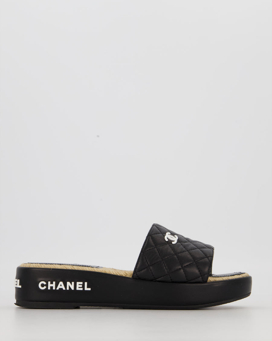 Chanel Quilted Black Lambskin Espadrille Slide Sandals Size EU 39