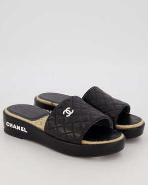 Chanel Quilted Black Lambskin Espadrille Slide Sandals Size EU 39