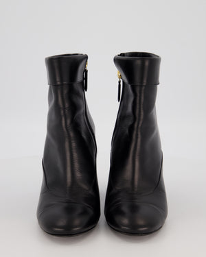 Chanel Black Leather Ankle Block Heel Boots with Pearl Detail and CC Logo Size EU 39