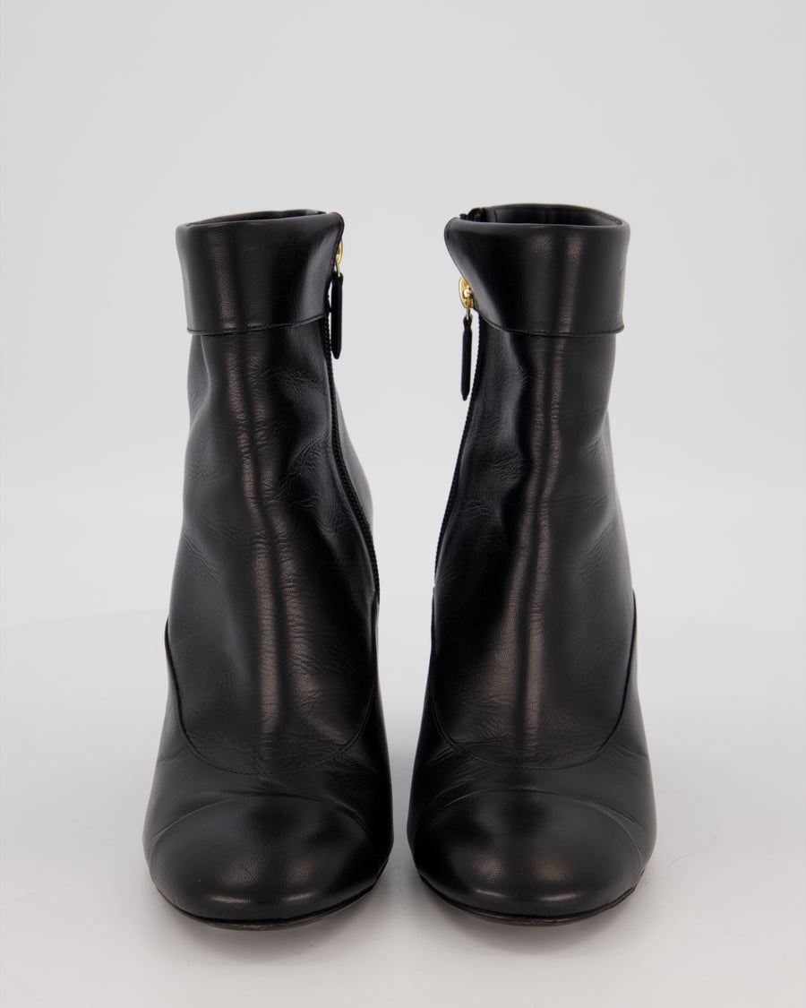 Chanel Black Leather Ankle Block Heel Boots with Pearl Detail and CC Logo Size EU 39