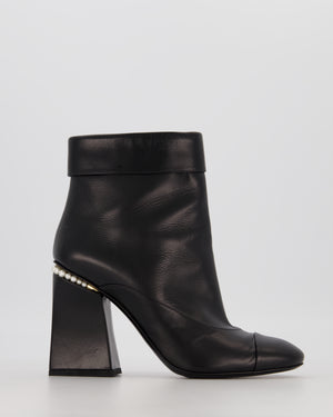 Chanel Black Leather Ankle Block Heel Boots with Pearl Detail and CC Logo Size EU 39
