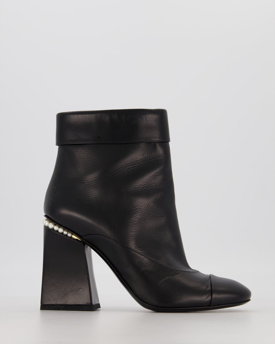 Chanel Black Leather Ankle Block Heel Boots with Pearl Detail and CC Logo Size EU 39