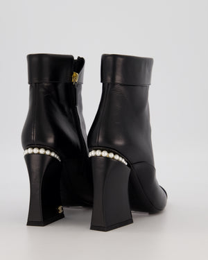 Chanel Black Leather Ankle Block Heel Boots with Pearl Detail and CC Logo Size EU 39