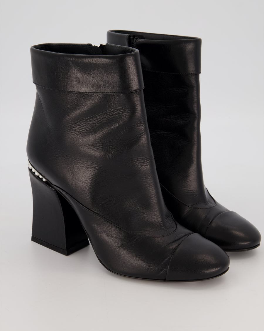 Chanel Black Leather Ankle Block Heel Boots with Pearl Detail and CC Logo Size EU 39