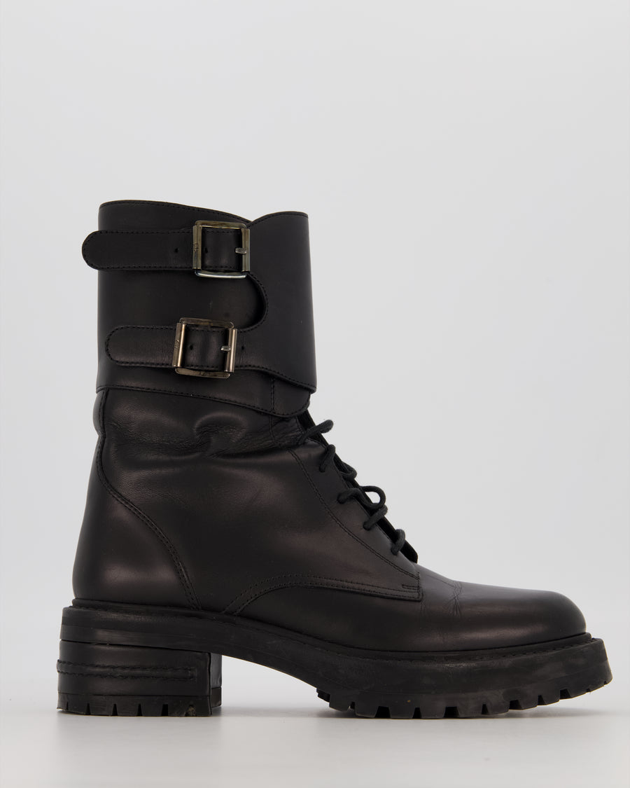 Christian Dior Black D-Trap Leather Buckle Lace Up Combat Boots Size EU 37.5