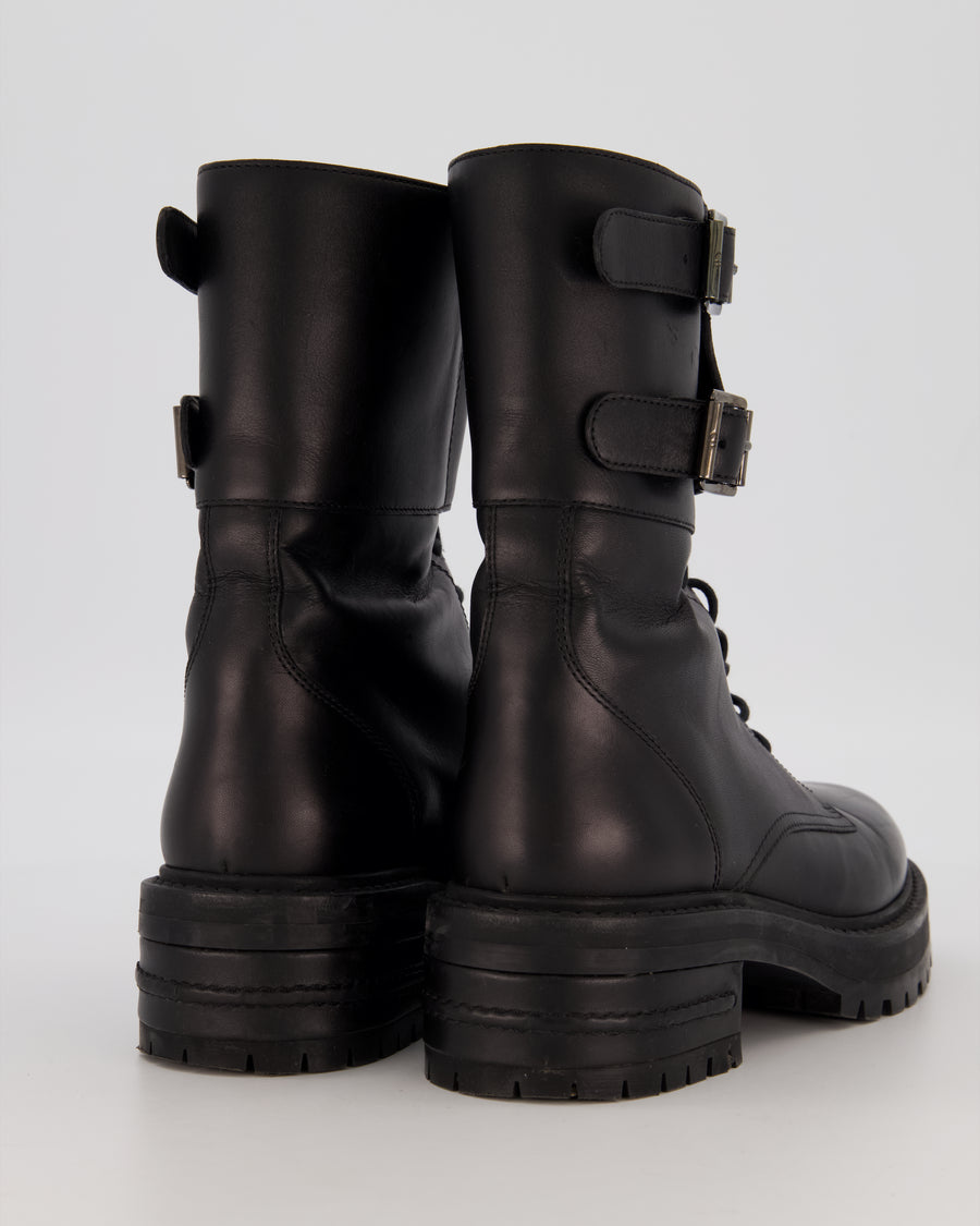 Christian Dior Black D-Trap Leather Buckle Lace Up Combat Boots Size EU 37.5