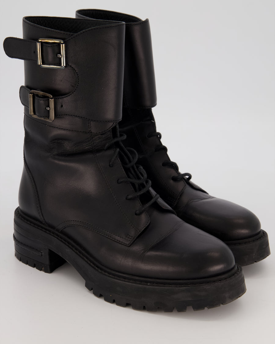 Christian Dior Black D-Trap Leather Buckle Lace Up Combat Boots Size EU 37.5