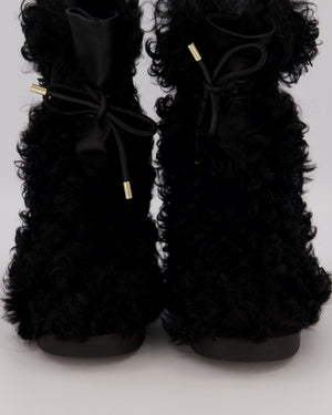 *RARE* Chanel Black Curly Shearling Calf-High Lace Boots with Gold Hardware Logo Detail Size EU 39.5