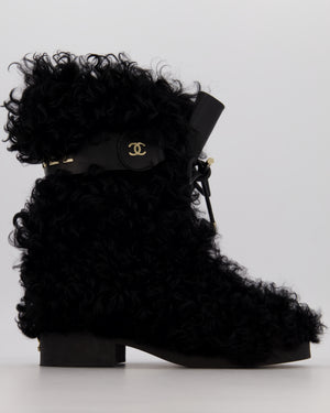 *RARE* Chanel Black Curly Shearling Calf-High Lace Boots with Gold Hardware Logo Detail Size EU 39.5
