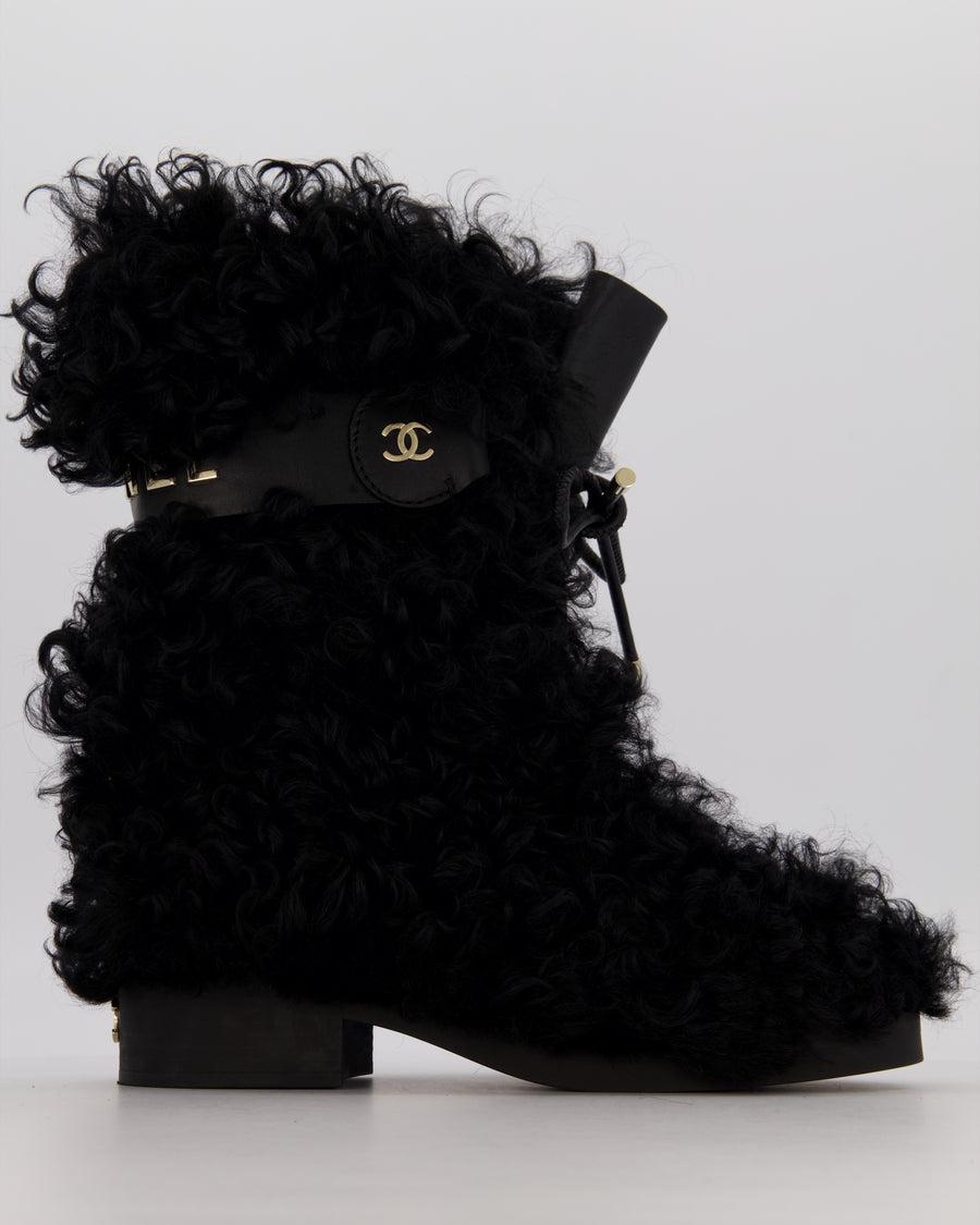 *RARE* Chanel Black Curly Shearling Calf-High Lace Boots with Gold Hardware Logo Detail Size EU 39.5
