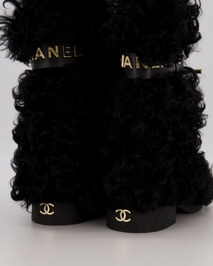 *RARE* Chanel Black Curly Shearling Calf-High Lace Boots with Gold Hardware Logo Detail Size EU 39.5