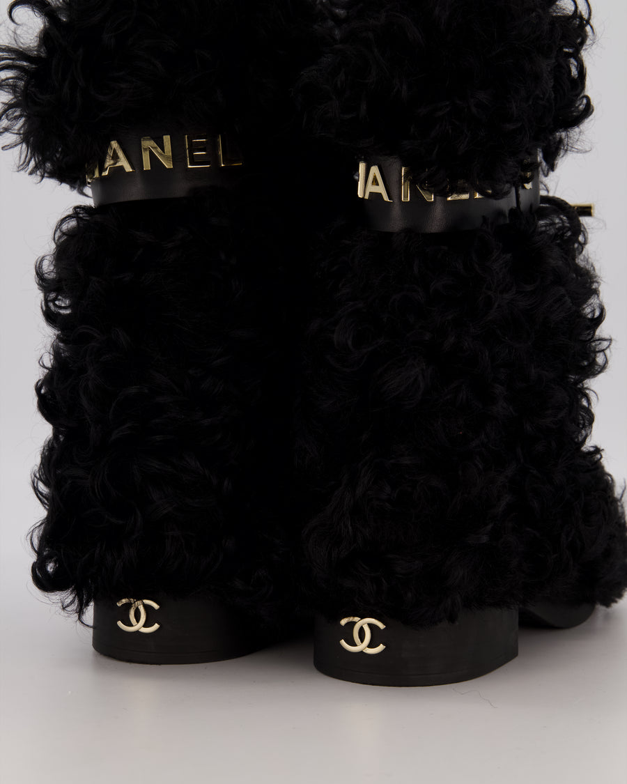 *RARE* Chanel Black Curly Shearling Calf-High Lace Boots with Gold Hardware Logo Detail Size EU 39.5