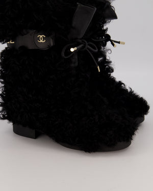 *RARE* Chanel Black Curly Shearling Calf-High Lace Boots with Gold Hardware Logo Detail Size EU 39.5