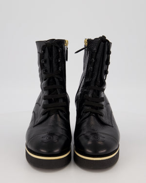 Chanel Black 21C Shiny Crumpled Lambskin Lace-Up Combat Boots with Chanel Logo Detail Size EU 39