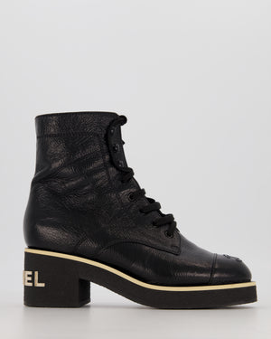 Chanel Black 21C Shiny Crumpled Lambskin Lace-Up Combat Boots with Chanel Logo Detail Size EU 39