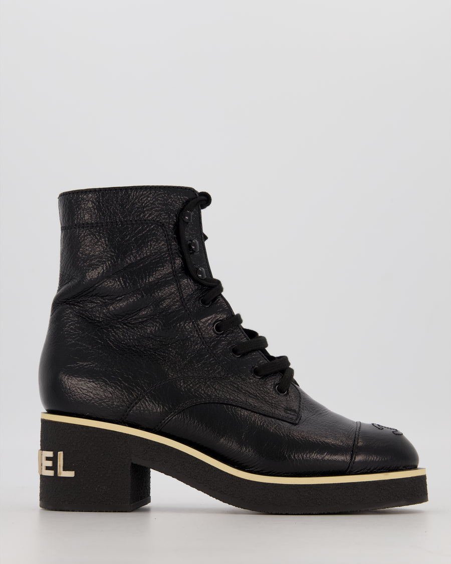 Chanel Black 21C Shiny Crumpled Lambskin Lace-Up Combat Boots with Chanel Logo Detail Size EU 39