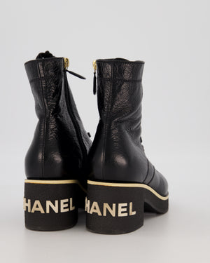 Chanel Black 21C Shiny Crumpled Lambskin Lace-Up Combat Boots with Chanel Logo Detail Size EU 39