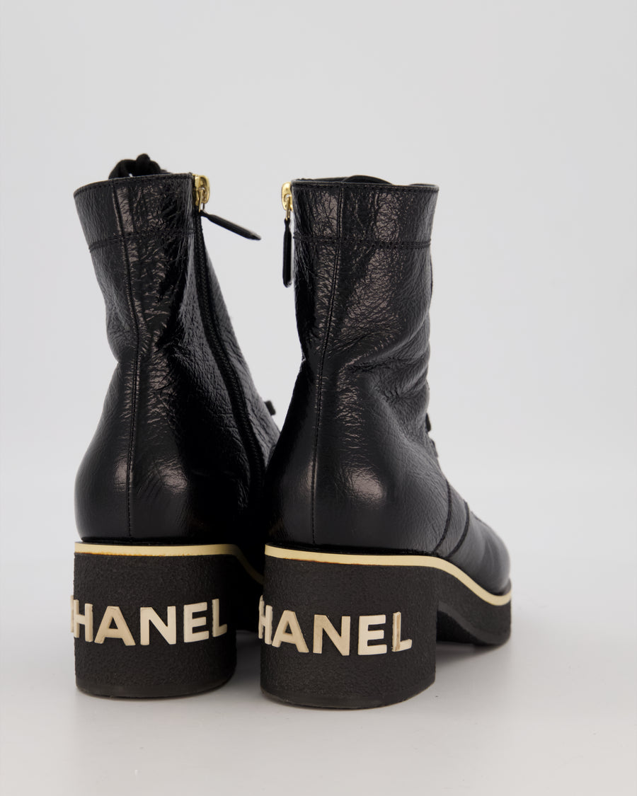 Chanel Black 21C Shiny Crumpled Lambskin Lace-Up Combat Boots with Chanel Logo Detail Size EU 39