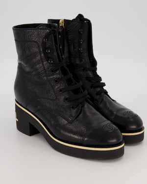 Chanel Black 21C Shiny Crumpled Lambskin Lace-Up Combat Boots with Chanel Logo Detail Size EU 39